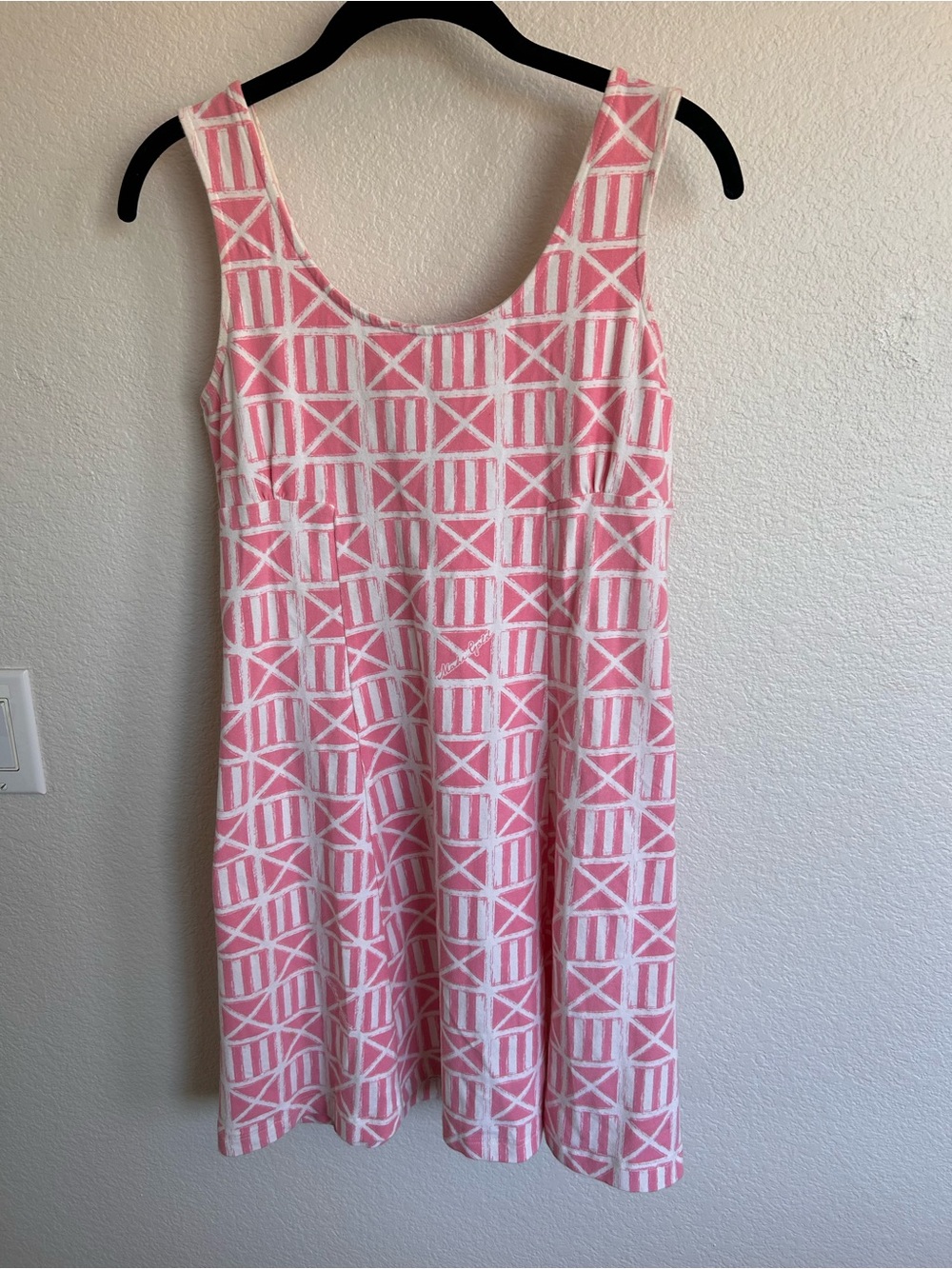 Mahi Gold pink white geometric fit, and flare dress